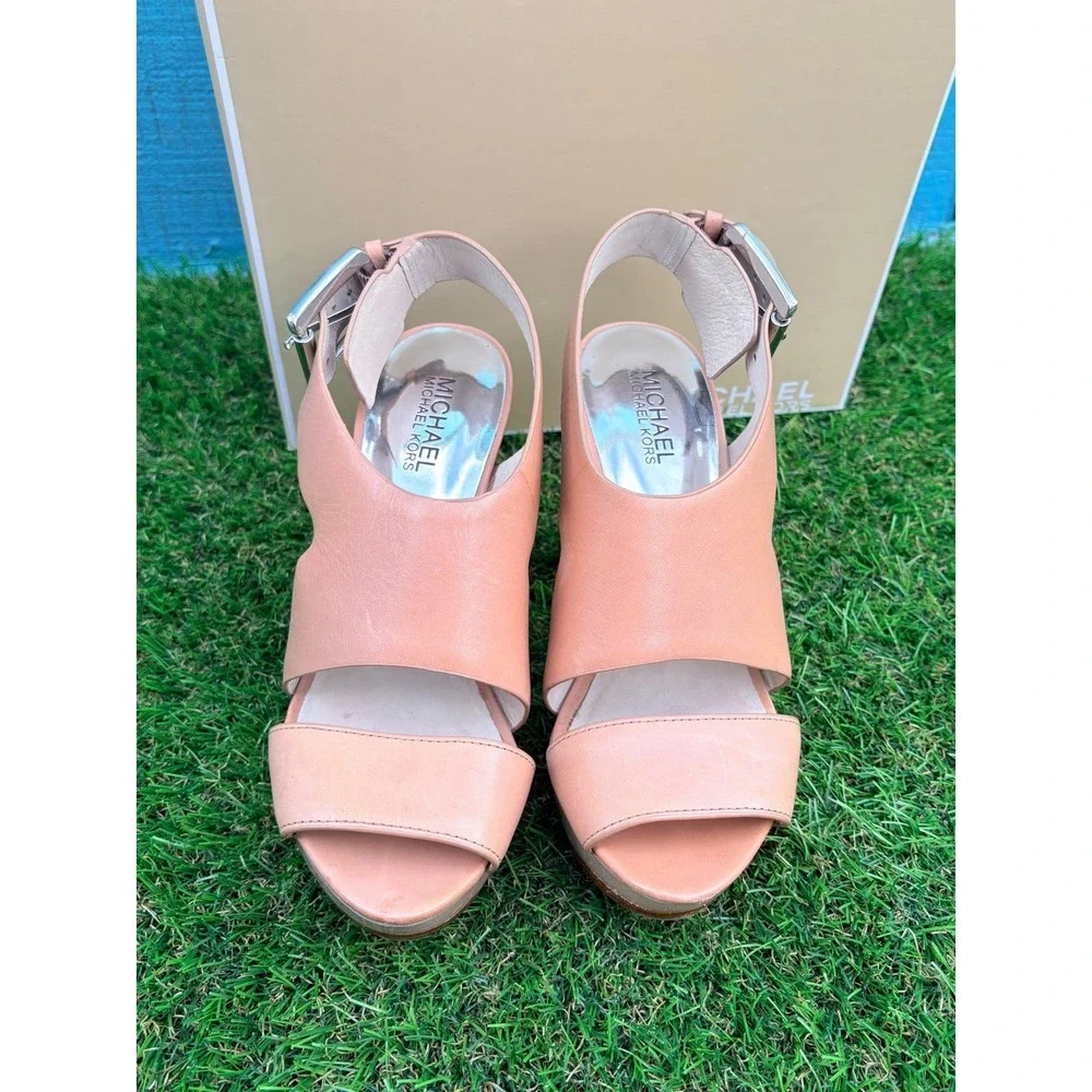 Michael Kors Carla Platform‎ Sandals Taupe Leather Wood Heel 40S1CRHA2L Mens 7.5